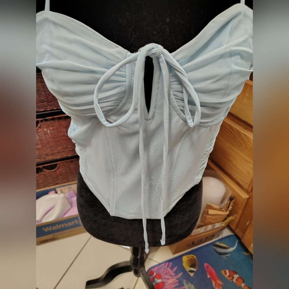 Light Blue Ruched Sides Mesh Lined Bershka Top / SZ XL/NWT/ Back Half Zip